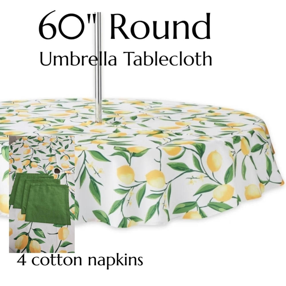Lemon Print 60" Round Umbrella Tablecloth with Zipper Green Cotton Napkins Set/4